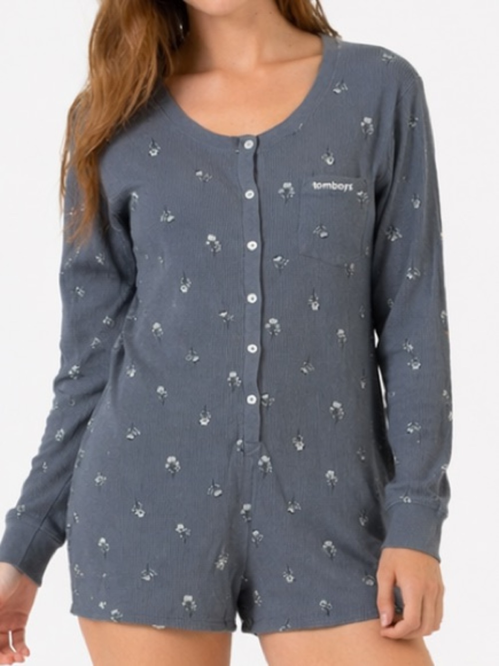 TomboyX Floral Waffle Knit Henley Lounge Romper Gray Medium {SALE}